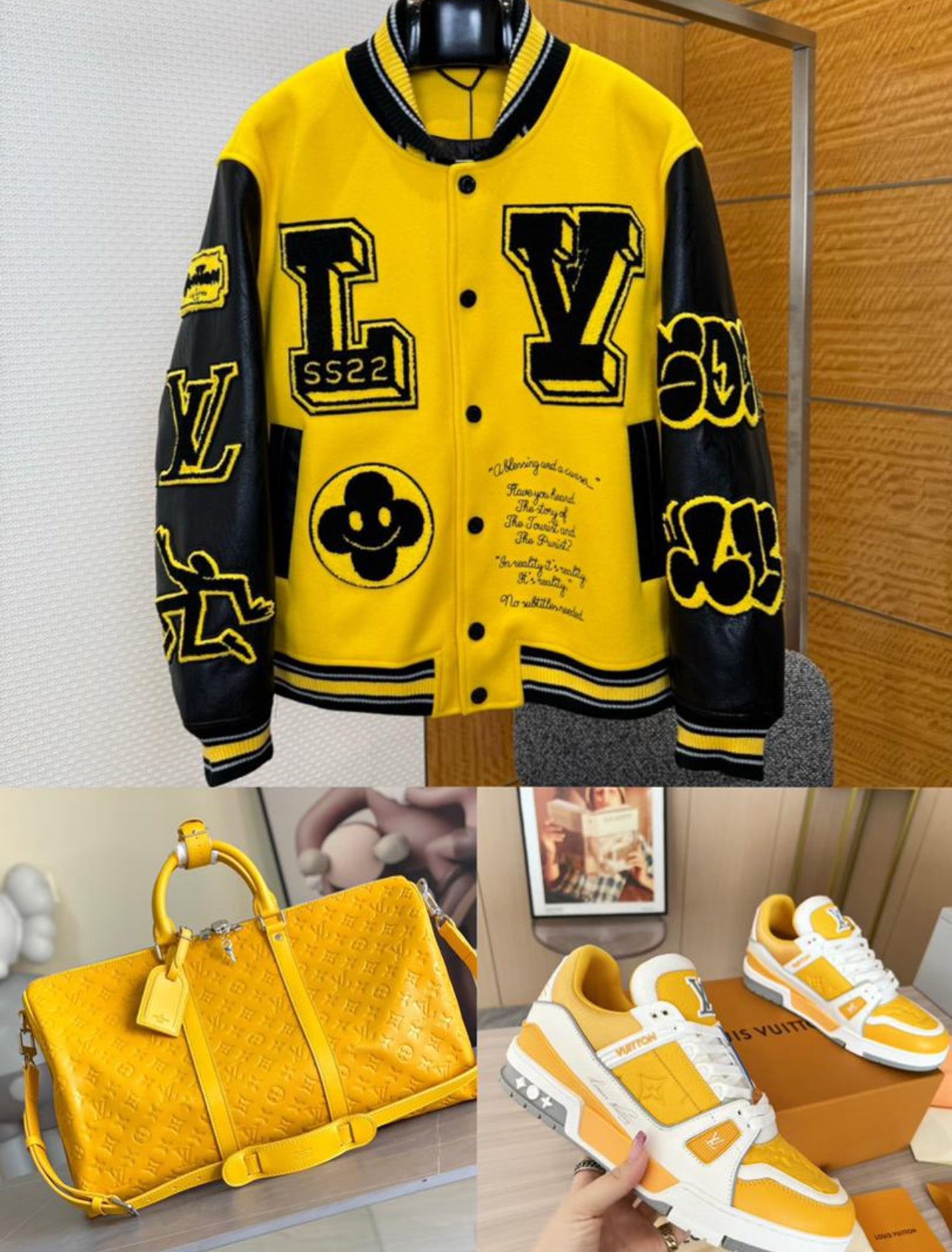 LV Varsity Jacket, shoes, & handbag)